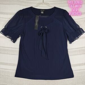 Adele & May Navy Blue Ruffle Sleeve Bow Tie Top Size XL NWT
